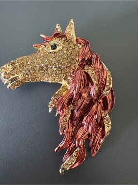 Rhinestone Horse Head Brooch with Metallic Red Mane